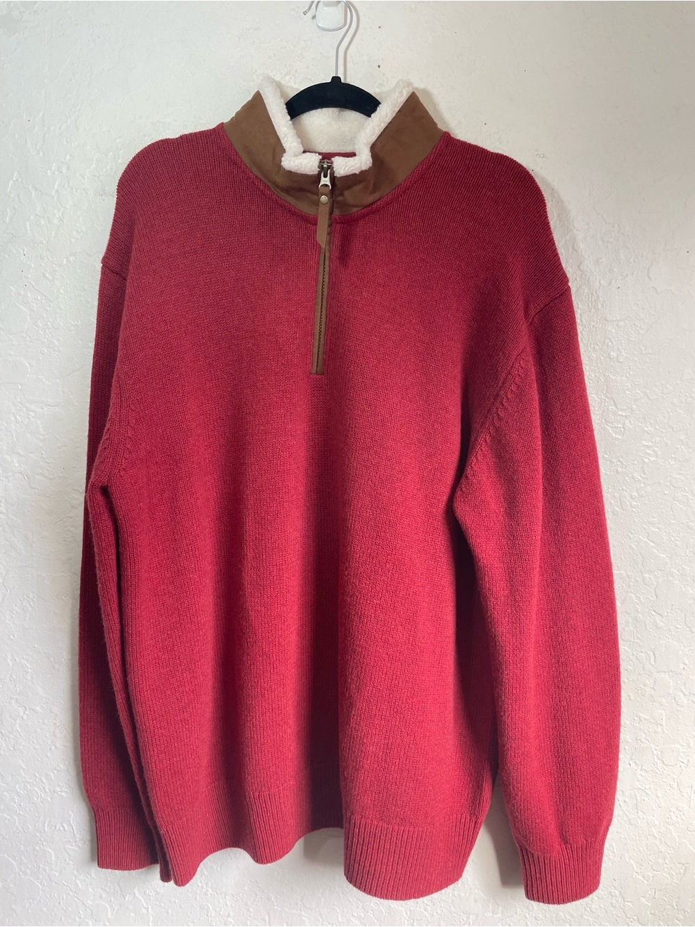 Orvis Lambswool Quarter-Zip Sweater with Tan Contrast Collar Excellent Condition
